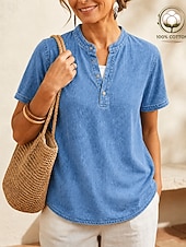 cheap Plain Blouses-SoftFade™ Women's 100% Cotton Henley Shirt Solid Color Vintage Fashion Stylish Short Sleeve V Neck Regular Tops Casual Beach Blue Khaki Black Purple Orange Summer Spring