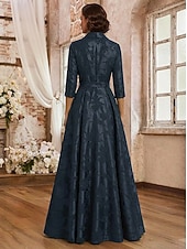 abordables Longueur du plancher-Ligne A Longueur au sol Robe de Cérémonie Robe de soirée Robe de Mère de Mariée  Manche 3/4 Col de chemise Élégant ancien Formel robe demoiselle d honneur Soirée Formelle Satin Jacquard avec Noeud(s