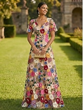 A-lijn Jurken Tot de grond Maxi-jurk Feestjurk Cocktail jurk Moeder van de bruid jurk Korte mouw V-hals Elegant Vintage Luxueus Formeel Bruiloft gast Kentucky Derby Chiffon Tule met Borduurwerk