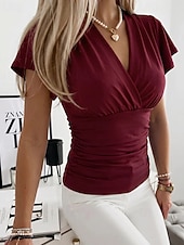 baratos Camiseta lisa-Mulheres Blusa Franzido Tecido Vintage à moda Básico Manga Curta Decote V Tops regulares Casual Diário Preto Vermelho Marron Cinzento Verão Primavera