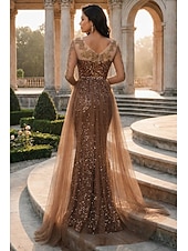 abordables Vestidos de gala-Corte Trompeta Sirena Hasta el Suelo Vestidos de noche Vestido de baile con sobrefalda Vestimenta formal Elegante Manga Larga Cuello Barco Fiesta de baile Fiesta de Noche Tul con Lentejuela