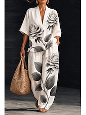 abordables Trajes de blusa para mujer-Mujer Camisa Conjuntos de lino y algodón Conjuntos de pantalones Manga Corta Escote en Pico Floral Graphic Geométrico Estampado Vacaciones Moda Ropa de calle Casual Diario Exterior Negro Blanco
