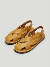 cheap Flat Sandals-Women's Khaki Crisscross Strap Flat Sandals - Closed-Toe Sandals with Adjustable Magic Tape, Casual Non-Slip Footwear for Summer Outings, Travel &amp; Daily Wear
