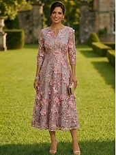 baratos Comprimento do tornozelo-Linha A Longuette Vestido de renda Vestido Para Mãe dos Noivos Manga Longa Decote V Elegante Vintage Formal Convidado do casamento Festa de Casamento Cetim Renda com Flores 3D Lantejoulas Bordado