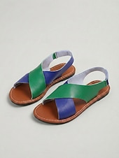 abordables Sandales Plates-Chaussures plates à bout ouvert, style bohème, color block, en PU, fermeture velcro, noir/blanc, vert/bleu, jaune