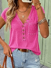  camicia da donna softfade™ 100% cotone lavato arricciato tinta unita vintage moda elegante manica corta scollo a V top regolare casual quotidiano per uscire blu rosa viola verde estate primavera
