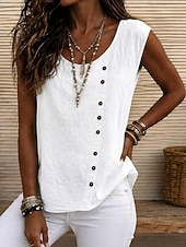  Dames Overhemden met linnenlook T-shirt Overhemd van imitatie linnen Knop Effen Kleur Modieus Stijlvol Klassiek Mouwloos Strakke ronde hals Vierkante hals Ronde hals Lange tops Casual Dagelijks