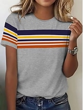 Χαμηλού Κόστους Τι-shirt με ρίγες και γεωμετρικά σχέδια-Γυναικεία Μπλουζάκι Στάμπα Γραφική Γεωμετρικό Ριγέ Βίντατζ Στυλάτο Κλασσικό Κοντομάνικο Στρογγυλή Ψηλή Λαιμόκοψη Στρογγυλή Λαιμόκοψη Μακριές μπλούζες Causal Καθημερινά
