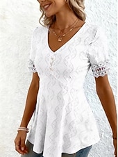  Mulheres Blusa Textura Elegant Elegante Boêmia Vintage Manga Curta Decote V Tops curtos Casual Diário Para Noite Damasco rosa Preto Branco Rosa Roxo Verão Primavera