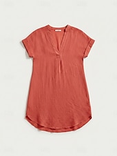 abordables Robes-Femmes Robe Longueur Genou Robes en lin ancien Quotidien Mince Uni Manche Courte Col en V Kaki Rouge Orange Été