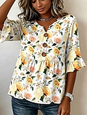  Mujer Blusa Botones Estampado Floral Graphic Vintage Elegante Moderno Media Manga Escote en Pico Tops regulares Casual Diario Azul Piscina Amarillo Morado Verano Primavera