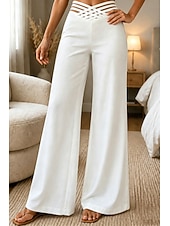preiswerte Anzughosen für Damen-Damen Hose Anzughose Mode Streetwear Arbeit Volle Länge Hohe Taille Einfach Weites Bein Elastischer Bund Komfort Weich Atmungsaktiv Mikroelastisch Outdoor Büro Straße Blau Navy-Blau Schwarz Weiß