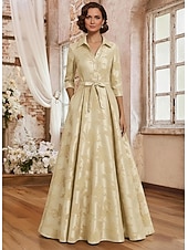 abordables Longueur du plancher-Ligne A Longueur au sol Robe de Cérémonie Robe de soirée Robe de Mère de Mariée  Manche 3/4 Col de chemise Élégant ancien Formel robe demoiselle d honneur Soirée Formelle Satin Jacquard avec Noeud(s