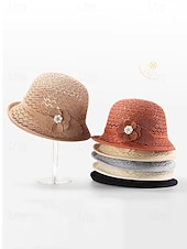baratos Chapéus Femininos-Chapéu bucket feminino dobrável em poliéster respirável – chapéu de sol de verão com flor decorativa e pérola, multicolorido, elegante para uso externo, jardim, praia e férias.