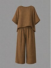 abordables Conjuntos-Conjuntos de lino y algodón para mujer, conjuntos de dos piezas, color puro, elegantes, casuales, cómodos, para el hogar, uso diario, primavera y otoño.