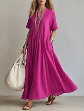 economico Vestito Semplice-abito lungo da donna elegante stile bohémien boho con pieghe, scollo a V, maniche corte, vestibilità ampia, tinta unita, blu chiaro, azzurro, giallo, verde chiaro, estate primavera