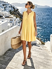 cheap Plain Dress-Womens Vintage Vacation Lace Up Plain Pleated Sleeveless Cotton Dress Blue White Yellow Red Summer