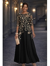 preiswerte Bodenlänge-A-Linie Bodenlang Spitzenkleid Brautmutterkleid Langarm Rundhalsausschnitt Illusionsausschnitt Elegant Vintage Formell Hochzeitsgast Hochzeitsfeier Chiffon Spitze mit Blumenmuster 3D-Blumen Stickerei