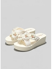 economico Infradito scivolosi-Per donna Passeggiata Spiaggia Festa in giardino Applicazioni Tacco basso Punta bicolore Elegante Bohemien Vacanza Microfibra Slip-on Avorio