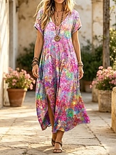 billige Art&amp;Design Dress-Women's Midi Dress Shift Dress Casual Loose Fit Graphic Geometric Short Sleeve V Neck Pink Green Gray Summer Spring