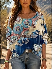 economico Tops Boho-Per donna Camicia Boho Blusa Patchwork Stampato Grafico Vintage Elegante Classico Manica Lunga Girocollo Top Regolari Quotidiano Ferie Uscire Cachi Rosa Vino Blu marino Primavera Autunno