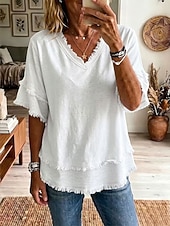 billige Enkle bluser-Dame Bluse Helfarge Årgang Stilfull Grunnleggende Kortermet V-hals Vanlige topper Avslappet Daglig Blå Svart Hvit Gul Rosa Sommer Vår
