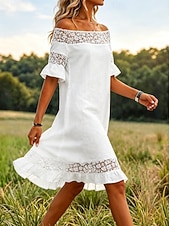 economico Abiti in pizzo bianco-Per donna Abito al ginocchio Abito in Pizzo Abito Bianco Elegante Moda Spiaggia Vacanza Ferie Vestibilità regolare Floreale Mezza Manica Senza Spalle Bianco Estate Primavera