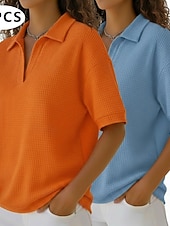  Multipacks van 2 stuks dames wafel T-shirt polo shirts wafelgebreide tops effen modieus basic klassiek shirt met korte mouwen kraag normale tops casual dagelijks strand geel+oranje