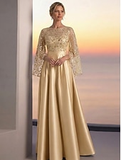 cheap A-Line Evening Dresses-A-Line Floor Length Evening Gown Elegant Glittering Floral Short Sleeve Crew Neck Evening Party Wedding Pocket Satin Lace with Pleats Beaded Eembroidered
