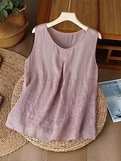 economico Serbatoio Semplice-Per donna Gilet in cotone e lino Arricciato Ricamato Tinta unica Elegante Senza Maniche Senza maniche Scollo Tondo Top Regolari Bianco Rosa Viola Kaki Estate Primavera