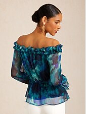 economico camicie, top e camicette-top in chiffon fluente Ocean Bloom Reverie