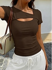 economico T-shirt semplice-Per donna Maglietta Patchwork Taglio A coste Elegante Moda Manica Corta Asimmetrico Top Regolari Casuale Quotidiano Uscire Blu Nero Bianco Blu marino Marrone Estate Primavera