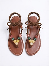 abordables Vrouwen-Women's Boho Lace-Up Sandals - Stylish Brown Flat Gladiator Sandals with Colorful Beads &amp; T-Strap for Outdoor Vacations, Tropical Beach Travel &amp; Summer Festivals
