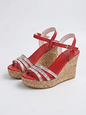 cheap Wedge Sandals-Women's Red Rhinestone Wedge Sandals - Sparkly Crystal Multi-Strap Platform Shoes with Cork Sole &amp; Ankle Buckle for Outdoor Vacations, Tropical Getaways &amp; Summer Parties