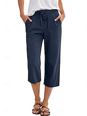 abordables jambe large et taille haute-Femmes Coton Pantalon capri Pantalons à jambes droites Mode Streetwear Occasionnel Longueur mollet Taille haute Uni Avec Poches Ceinture Élastique Confortable Doux Élastique Extérieur Vacances Rue