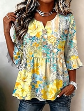 economico Bluse Floreali-Per donna Camicia Floreale Grafico Vintage Elegante Mezza Manica Scollo a V Top Regolari Casuale Quotidiano Ferie Blu Giallo Verde Estate Primavera