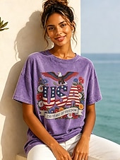 voordelige Onafhankelijkheidsdag Top-Amerikaanse onafhankelijkheidsdag Dames 100% Katoen T-shirt Vintage gewassen tops Afdrukken Grafisch Brief Vintage Modieus Stijlvol Korte mouw Strakke ronde hals Normale tops Casual Dagelijks blauw