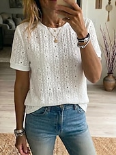  Mujer Tops de encaje Encaje Elegante Bohemia Tropical Manga Corta Cuello Barco Tops regulares Casual Diario Noche Blanco Verano Primavera