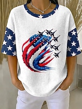 baratos Dia da Independência Top-Dia da Independência Americana Mulheres Camiseta Waffle Tops tricotados texturizados Gráfico Bandeira americana à moda Clássico Manga Curta Gola Redonda Tops regulares Casual Diário Azul Vermelho