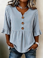 abordables Blusas a rayas y geométricas-Mujer Camisa Retazos Botones Estampado Graphic Geométrico A Rayas Vintage Elegante Manga Larga Escote en Pico Tops regulares Casual Diario Festivos Azul Piscina Amarillo Naranja Verano Primavera