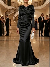 cheap Mermaid Evening Dresses-Mermaid Trumpet Floor Length Evening Gown Elegant Empire Waist Evening Long Sleeve High Neck Evening Party Wedding Stretch Satin with Pleats Solid Color