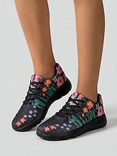 cheap Women's Sneakers-Women's White Floral Print Breathable Sneakers - Lightweight Lace-Up Casual Shoes with Colorful Flower Pattern, Comfortable Non-Slip Footwear for Walking, Travel &amp; Daily Wear