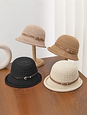 baratos Chapéus Femininos-Chapéu bucket feminino em poliéster trançado com cinto de couro, chapéu de sol leve para o verão, ideal para férias, praia, uso casual ao ar livre e dia a dia.