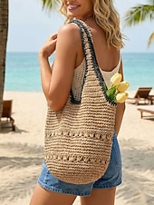 economico Borse da viaggio per vacanze-Borsa a tracolla da donna in stile bohémien intrecciata, colore beige kaki, capiente, con cerniera, ideale per vacanze al mare, viaggi e abbigliamento casual quotidiano.