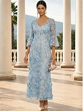 abordables Knöchellänge-Sheath Column Ankle Length Lace Dress Mother of the Bride Dress Long Sleeve V Neck Elegant Vintage Formal Wedding Guest Wedding Party Satin Lace with 3D Flowers Sequin Embroidery