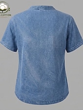 billige Enkle bluser-softfade™ dameskjorte i 100 % bomull, henley, vintage, mote, stilig, kortermet, vanlige topper, avslappet, strand, blå, khaki, svart, lilla, oransje, vår