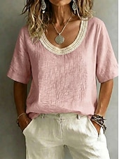 preiswerte Spitzenoberteile-Damen Bluse Spitzentops Spitze Einfarbig Elegant Vintage Kurzarm U-Ausschnitt Normale Oberteile Lässig Strand Sommer Schwarz Weiß Rosa Himmelblau Grün Sommer Frühling
