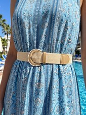cheap Women's Belt-Women's Boho Straw Woven Belt, Wide Raffia Waist Belt with Beaded Buckle, Casual Cinch Belt for Summer Beach Vacation &amp; Daily Wear, Khaki/Beige