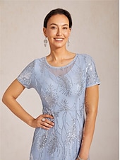 voordelige Vestidos de Festa-Women's Maxi Dress Sheath Dress Elegant Evening Party Party Cocktail Party Sequins Solid Color Floral Short Sleeve Crew Neck Sky gray