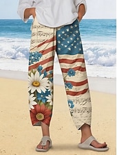 billige Uavhengighetsdag Bukser-amerikansk uavhengighetsdag dame chinos med vide ben, baggy bukser, strandshorts, ferie, vintage, etnisk stil, ankellange bukser med høy midje, blomster, grafisk trykk, trykk, termisk, varm komfort,